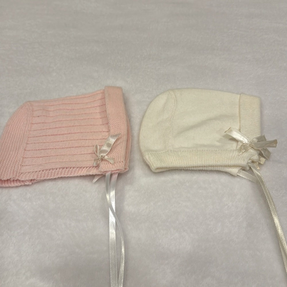 Pink and Cream Knitted Baby Bonnets -vintage